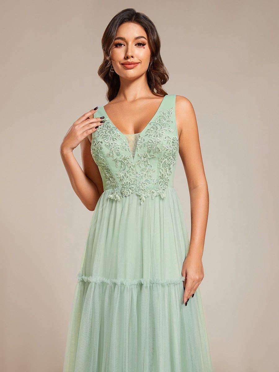 Robe de soirée en tulle transparent sans manches avec appliques #Couleur_Menthe Verte
