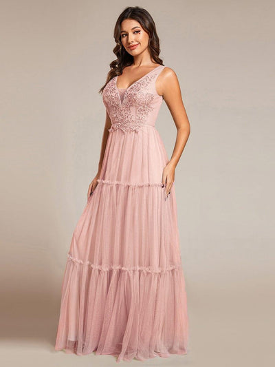 Robe de soirée en tulle transparent sans manches avec appliques(Vente Finale)