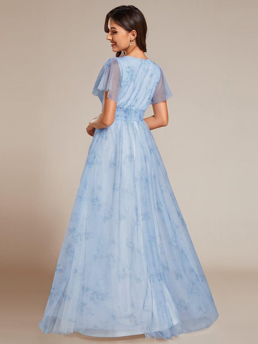 Robe de soirée trapèze en tulle floral col en V manches courtes#Couleur_Bleu Glace