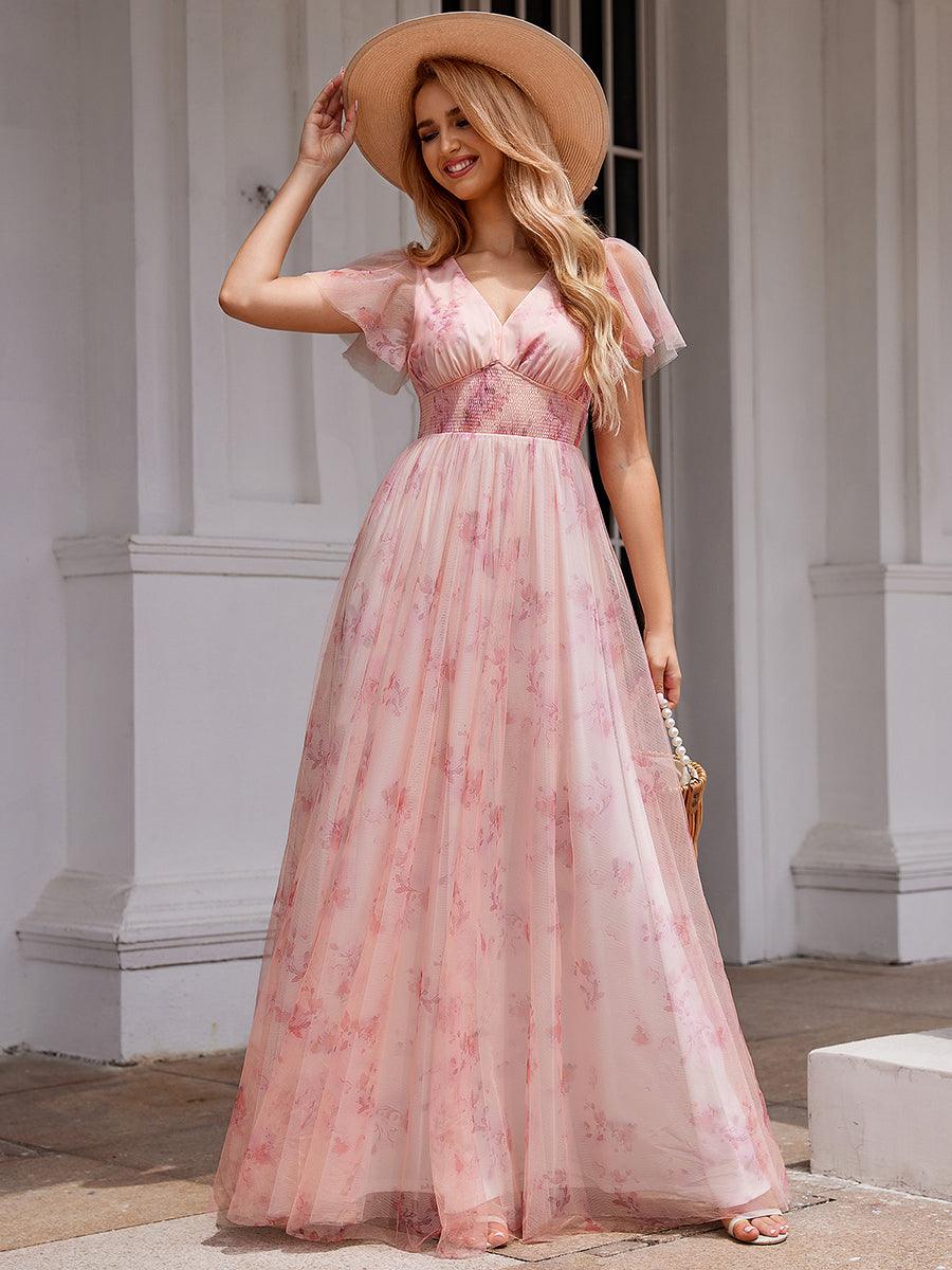 Robe de soirée trapèze en tulle floral manches courtes et col en V
