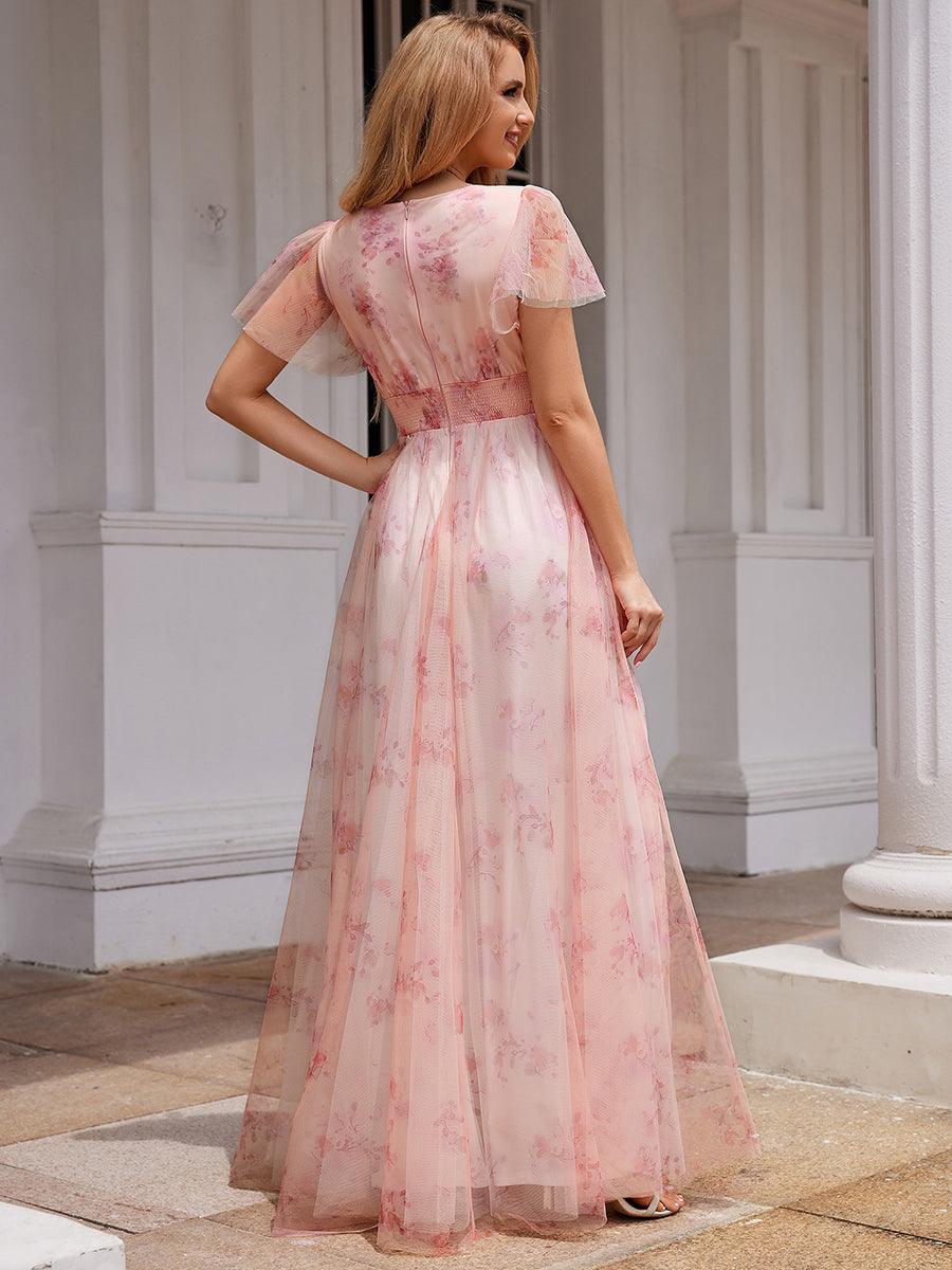 Robe de soirée trapèze en tulle floral col en V manches courtes#Couleur_Rose