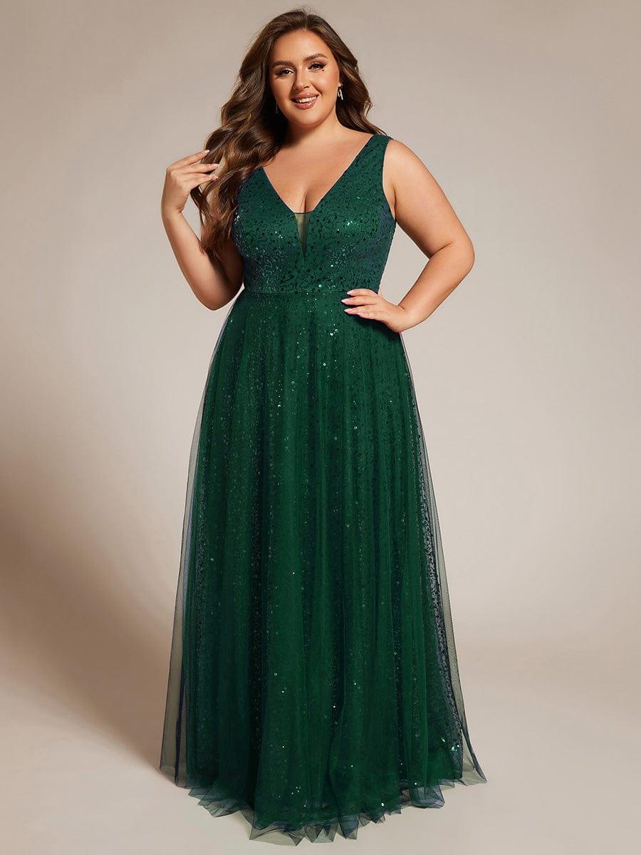 Robe de soirée en tulle transparent sans manches à col en V et paillettes #Couleur_Vert Fonce