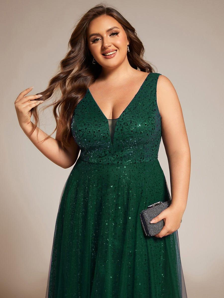 Robe de soirée en tulle transparent sans manches à col en V et paillettes #Couleur_Vert Fonce
