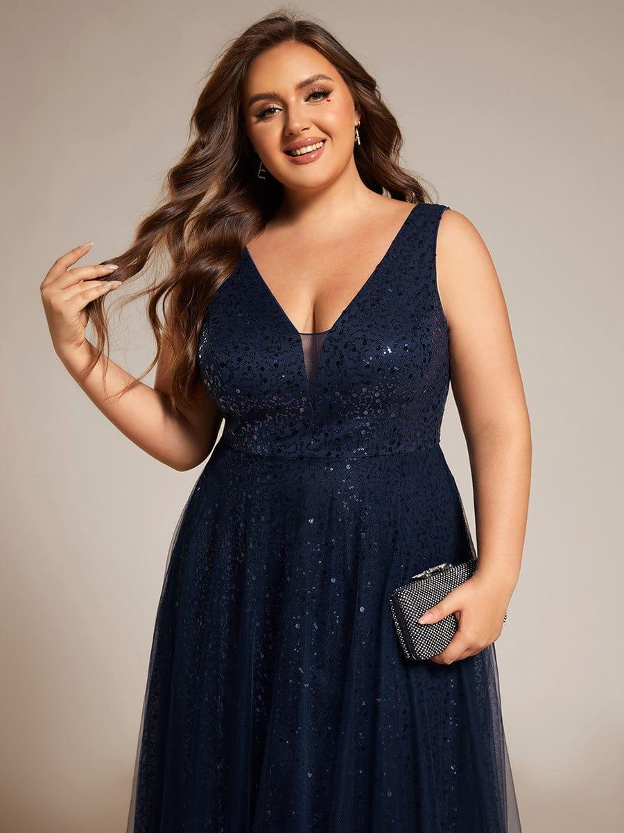 Robe de soirée en tulle transparent sans manches à col en V et paillettes #Couleur_Bleu Marine