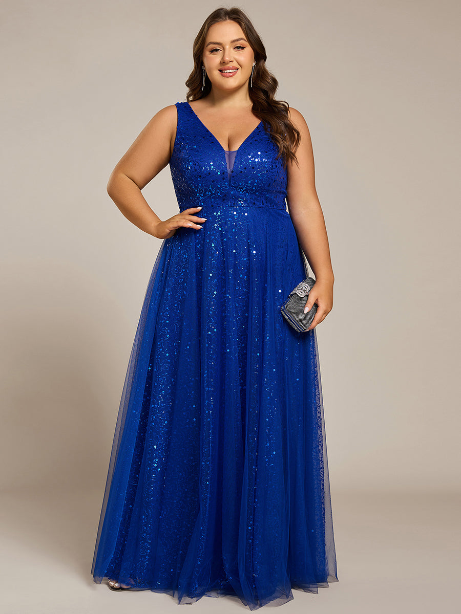 Robe de soirée en tulle transparent sans manches à col en V et paillettes #Couleur_Bleu Saphir