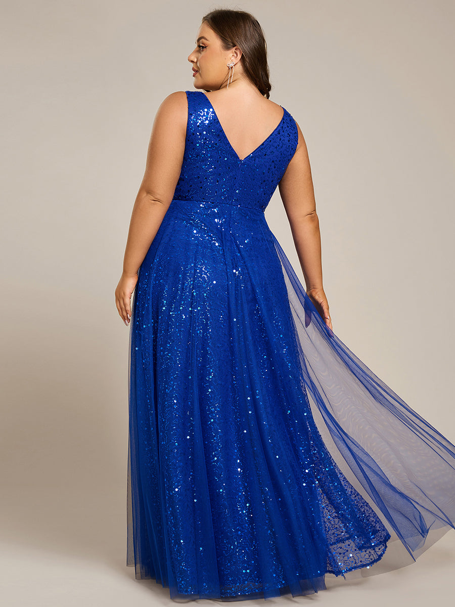 Robe de soirée en tulle transparent sans manches à col en V et paillettes #Couleur_Bleu Saphir