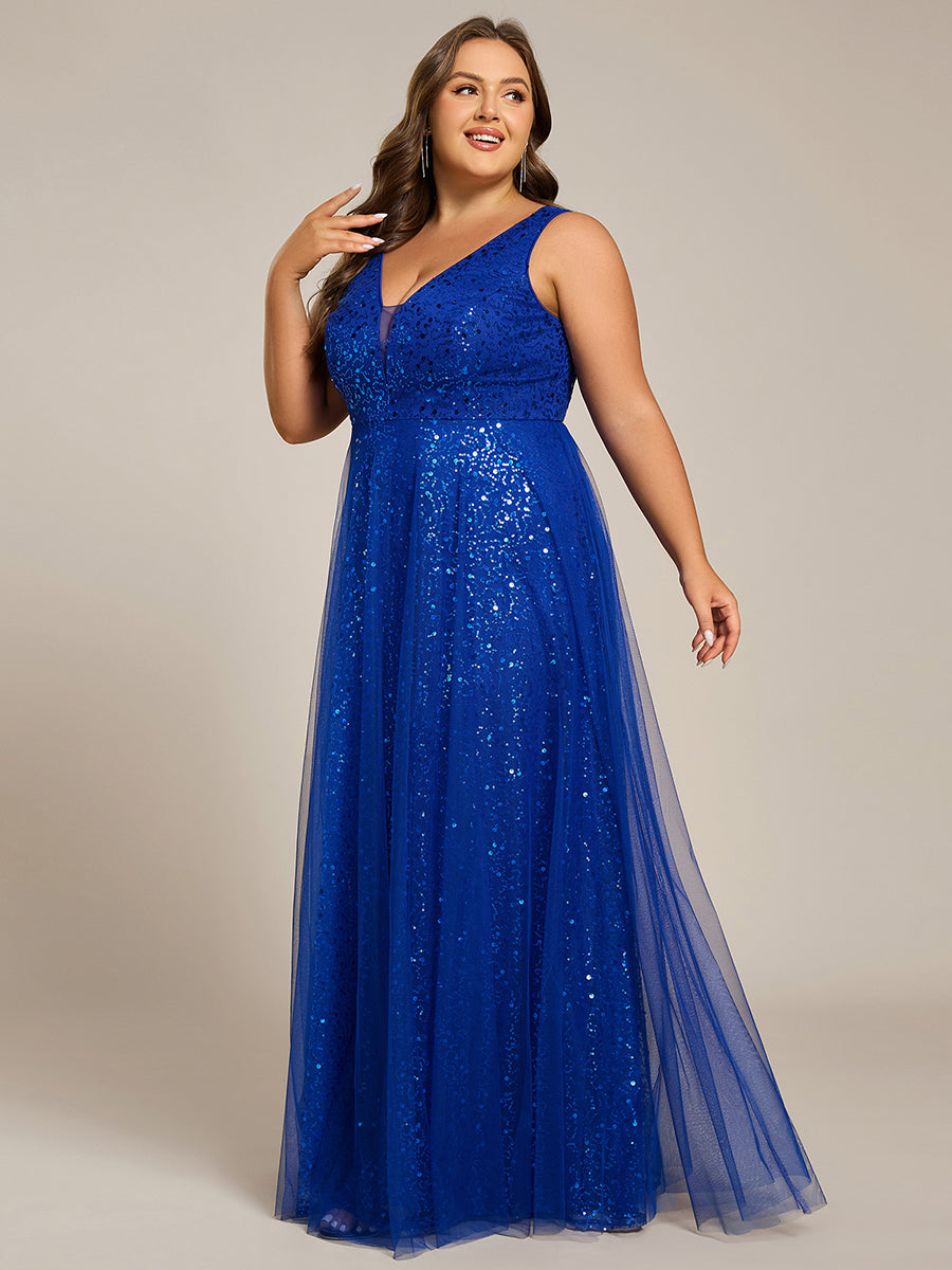 Robe de soirée en tulle transparent sans manches à col en V et paillettes #Couleur_Bleu Saphir