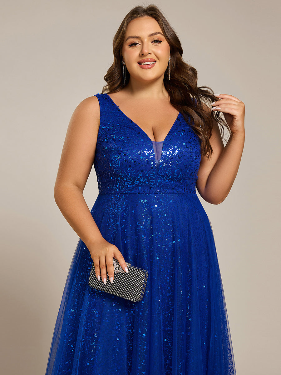 Robe de soirée en tulle transparent sans manches à col en V et paillettes #Couleur_Bleu Saphir