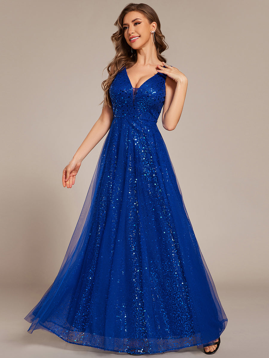 Robe de soirée en tulle transparent sans manches à col en V et paillettes #Couleur_Bleu Saphir