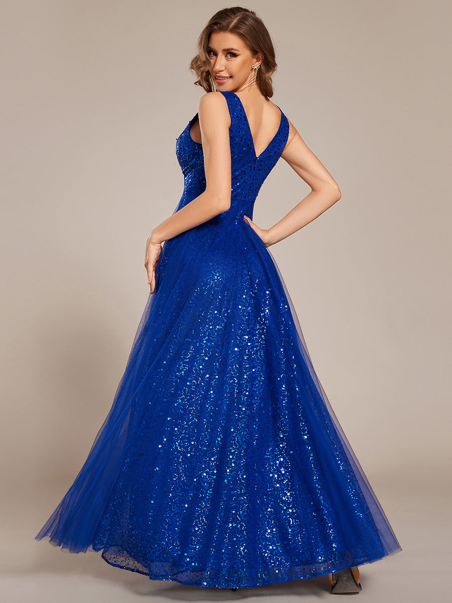 Robe de soirée en tulle transparent sans manches à col en V et paillettes #Couleur_Bleu Saphir