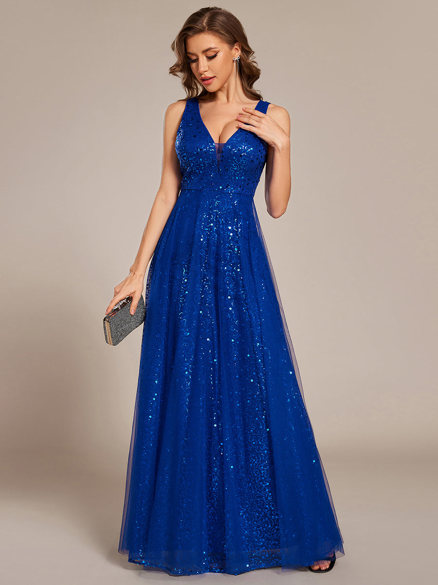 Robe de soirée en tulle transparent sans manches à col en V et paillettes #Couleur_Bleu Saphir