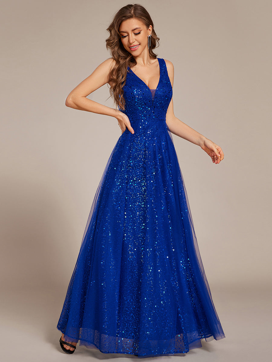 Robe de soirée en tulle transparent sans manches à col en V et paillettes #Couleur_Bleu Saphir