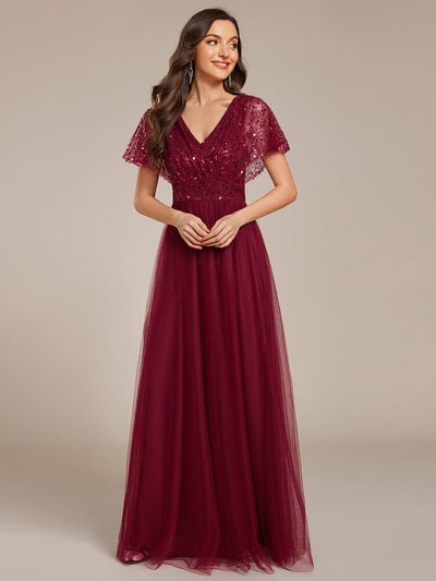 ever NAVEYA|Robe de soirée formelle en tulle à sequins scintillants et col en V (Vente Finale)