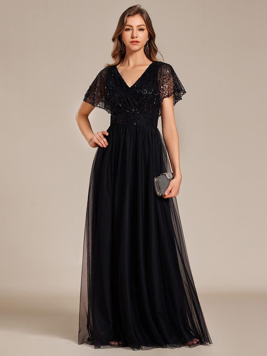 Robe de soirée formelle en tulle à sequins scintillants et col en V #Couleur_Noir