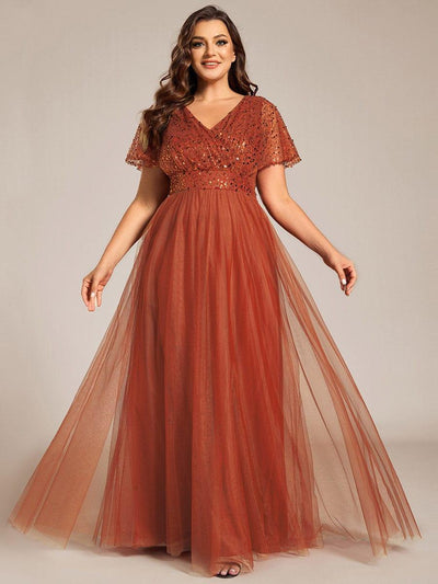 pretty NAVEYA|Robe de soirée formelle à paillettes manches courtes col en V grande taille