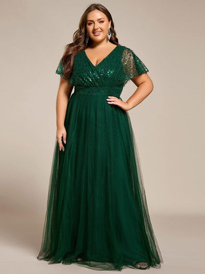 pretty NAVEYA|Robe de soirée formelle à paillettes manches courtes col en V grande taille