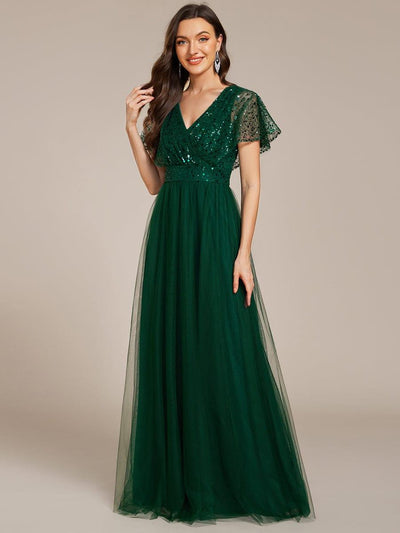 ever NAVEYA|Robe de soirée formelle en tulle à sequins scintillants et col en V