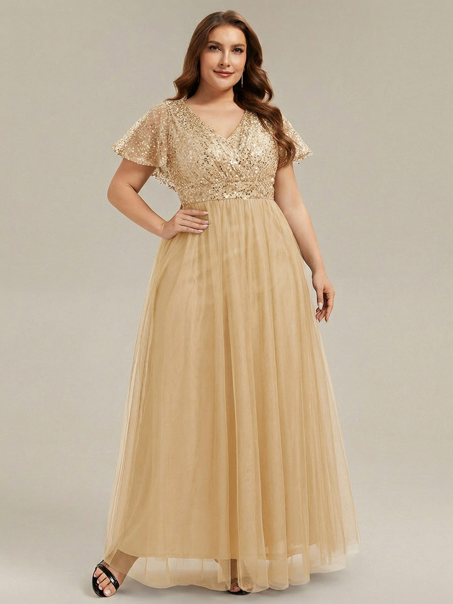 Robe de soirée formelle en tulle à sequins scintillants et col en V #Couleur_Dorée