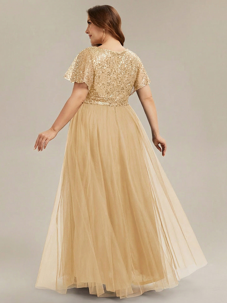 Robe de soirée formelle en tulle à sequins scintillants et col en V #Couleur_Dorée