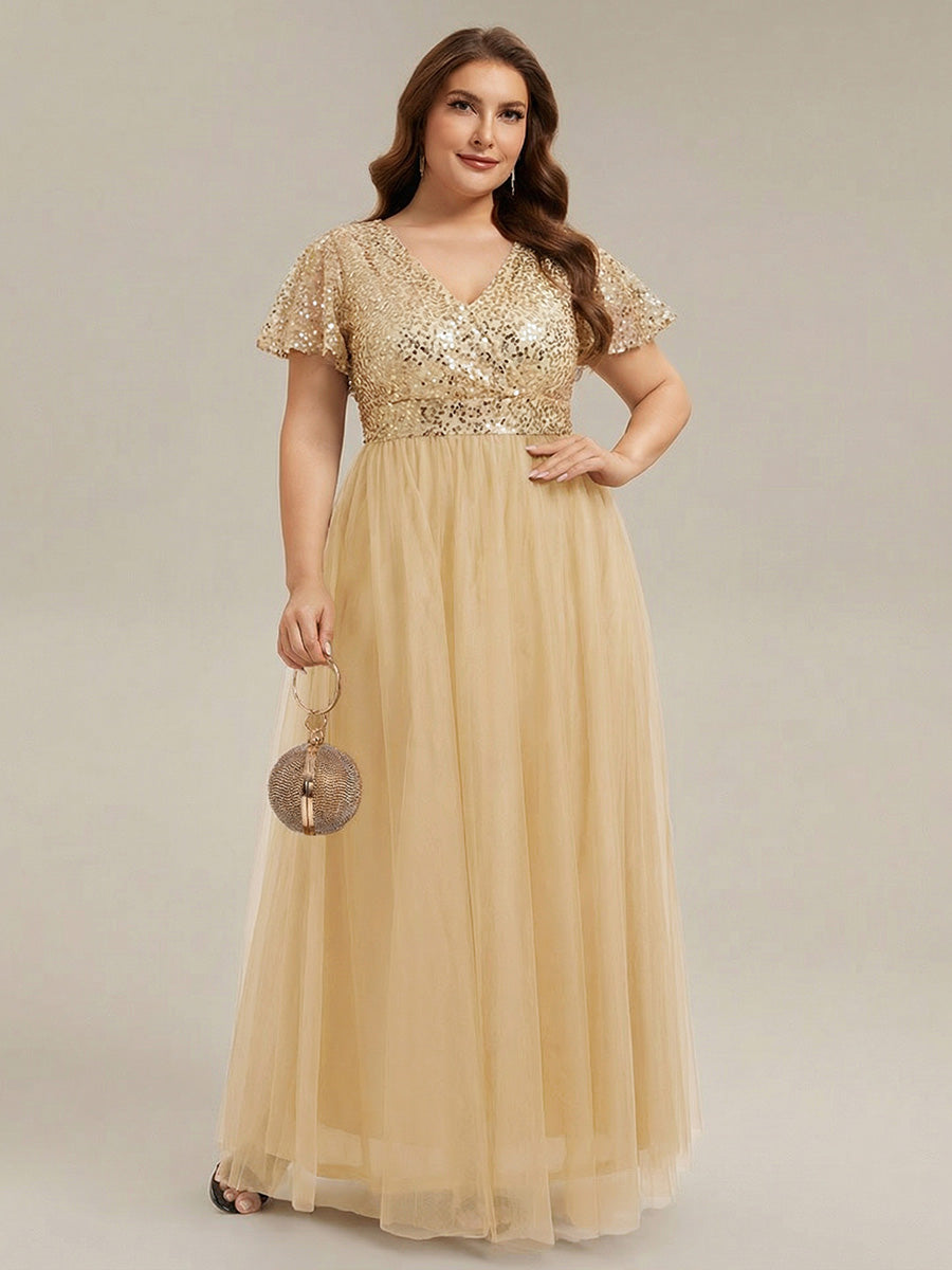 Robe de soirée formelle en tulle à sequins scintillants et col en V #Couleur_Dorée