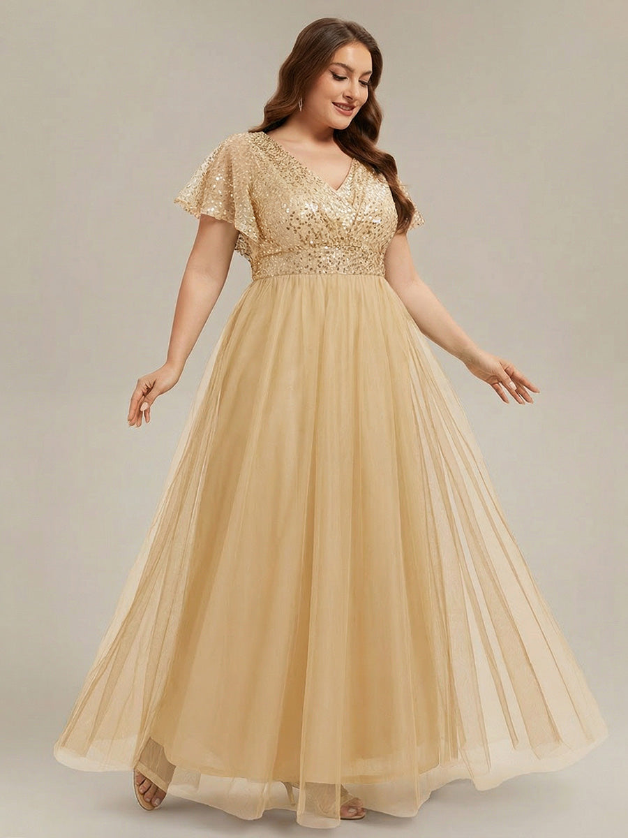 Robe de soirée formelle en tulle à sequins scintillants et col en V #Couleur_Dorée