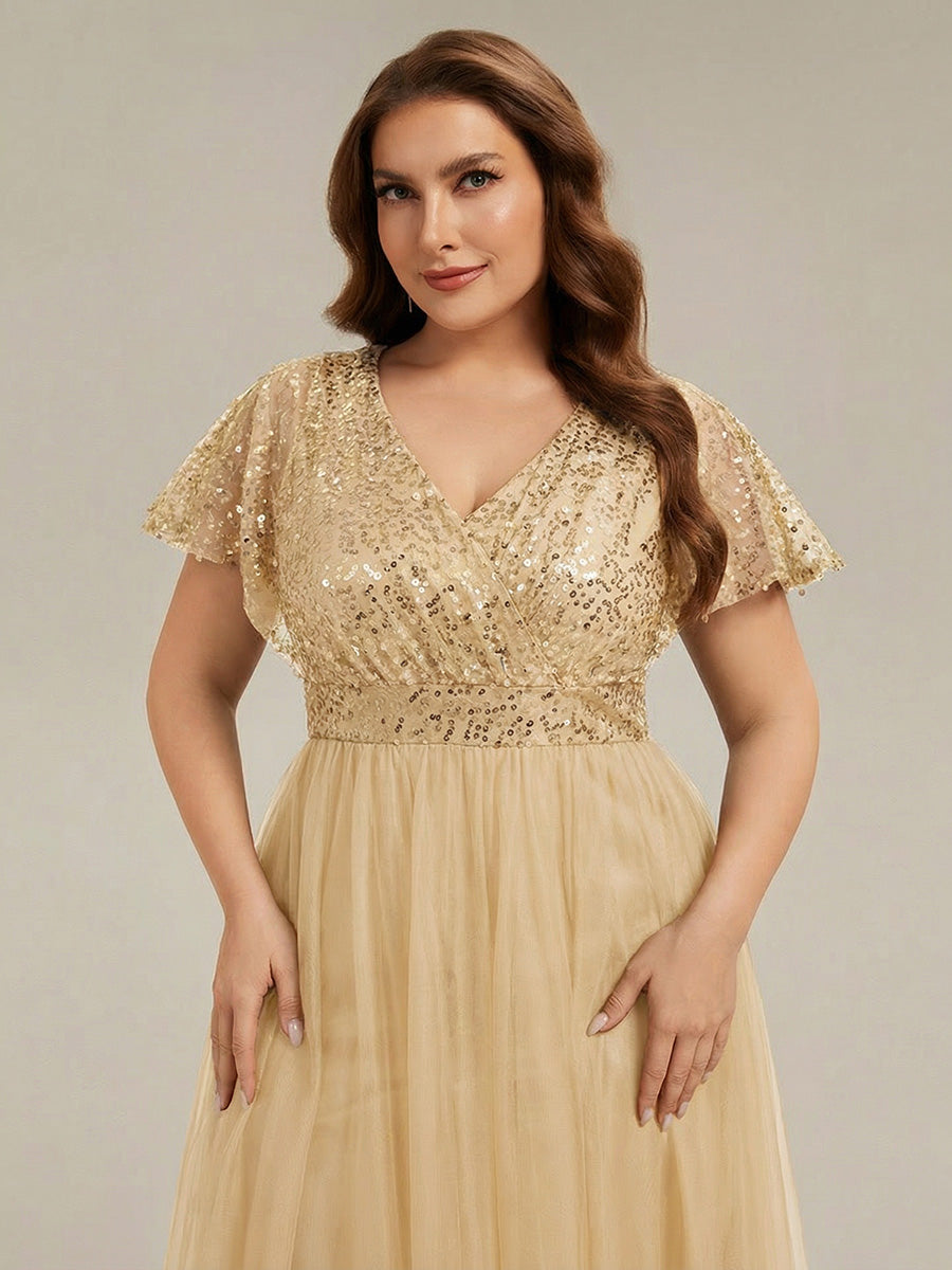 Robe de soirée formelle en tulle à sequins scintillants et col en V #Couleur_Dorée