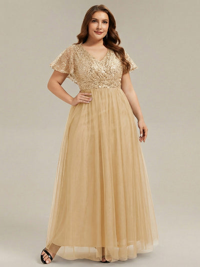 pretty NAVEYA|Robe de soirée formelle à paillettes manches courtes col en V grande taille