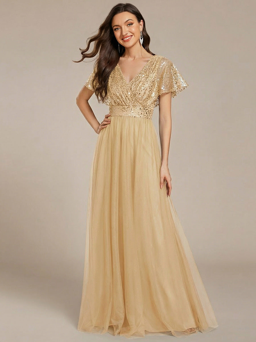 Robe de soirée formelle en tulle à sequins scintillants et col en V #Couleur_Dorée