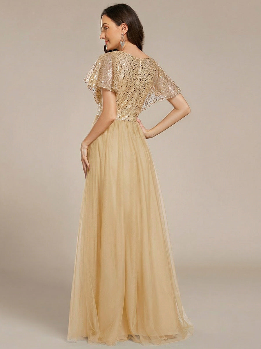 Robe de soirée formelle en tulle à sequins scintillants et col en V #Couleur_Dorée