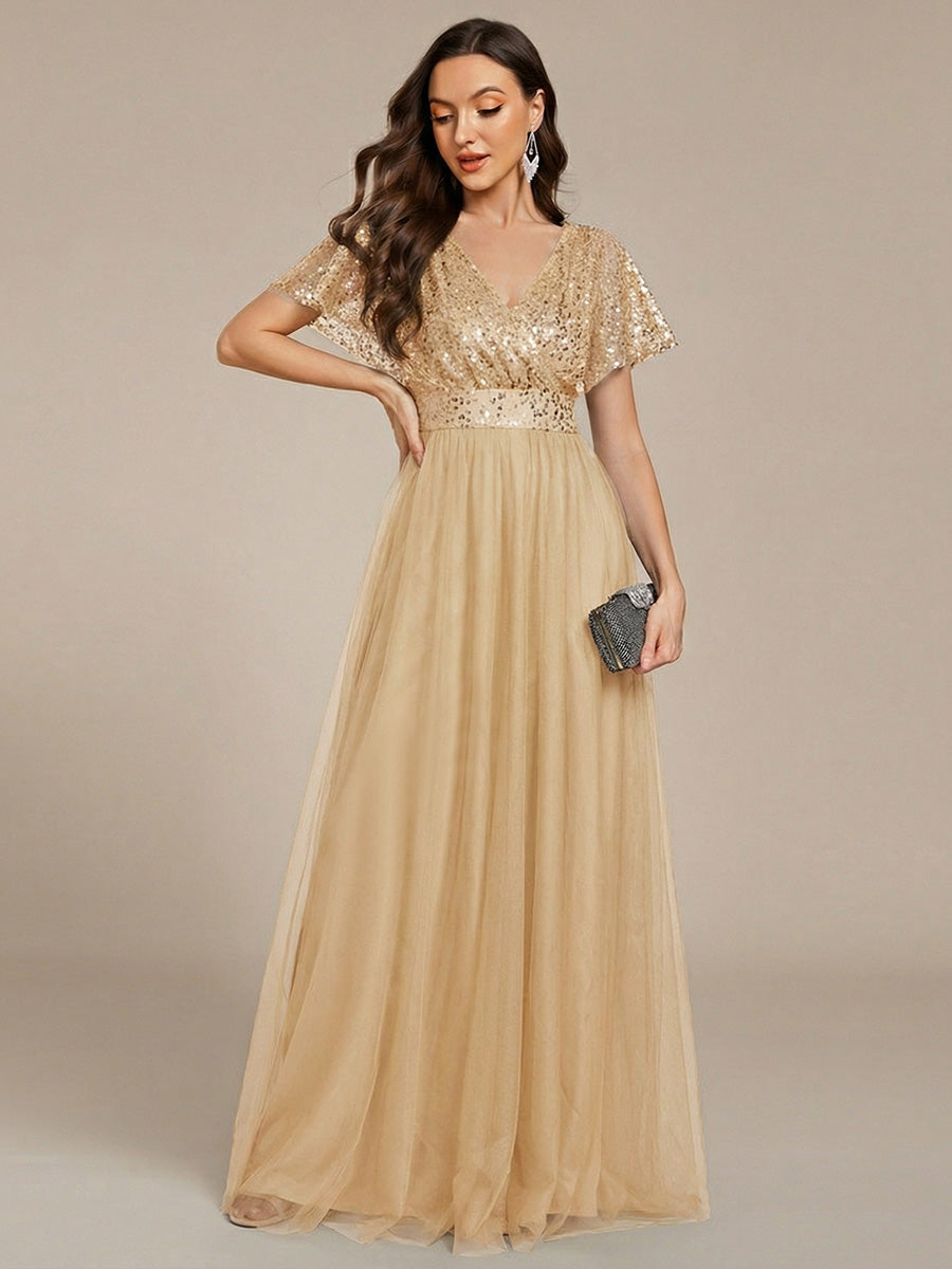 Robe de soirée formelle en tulle à sequins scintillants et col en V #Couleur_Dorée