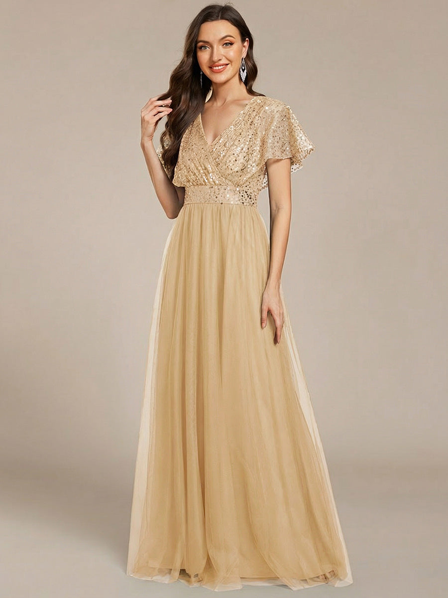 Robe de soirée formelle en tulle à sequins scintillants et col en V #Couleur_Dorée