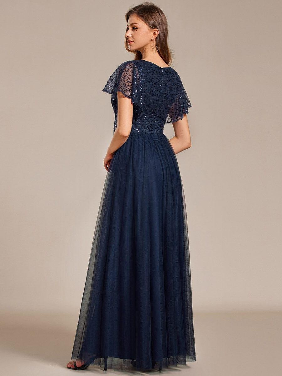 Robe de soirée formelle en tulle à sequins scintillants et col en V #Couleur_Bleu Marine