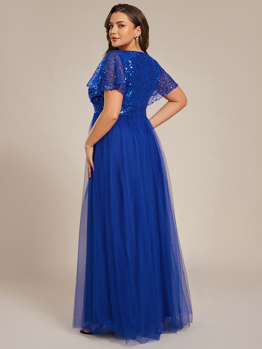 Robe de soirée formelle à paillettes manches courtes col en V grande taille #Couleur_Bleu Saphir