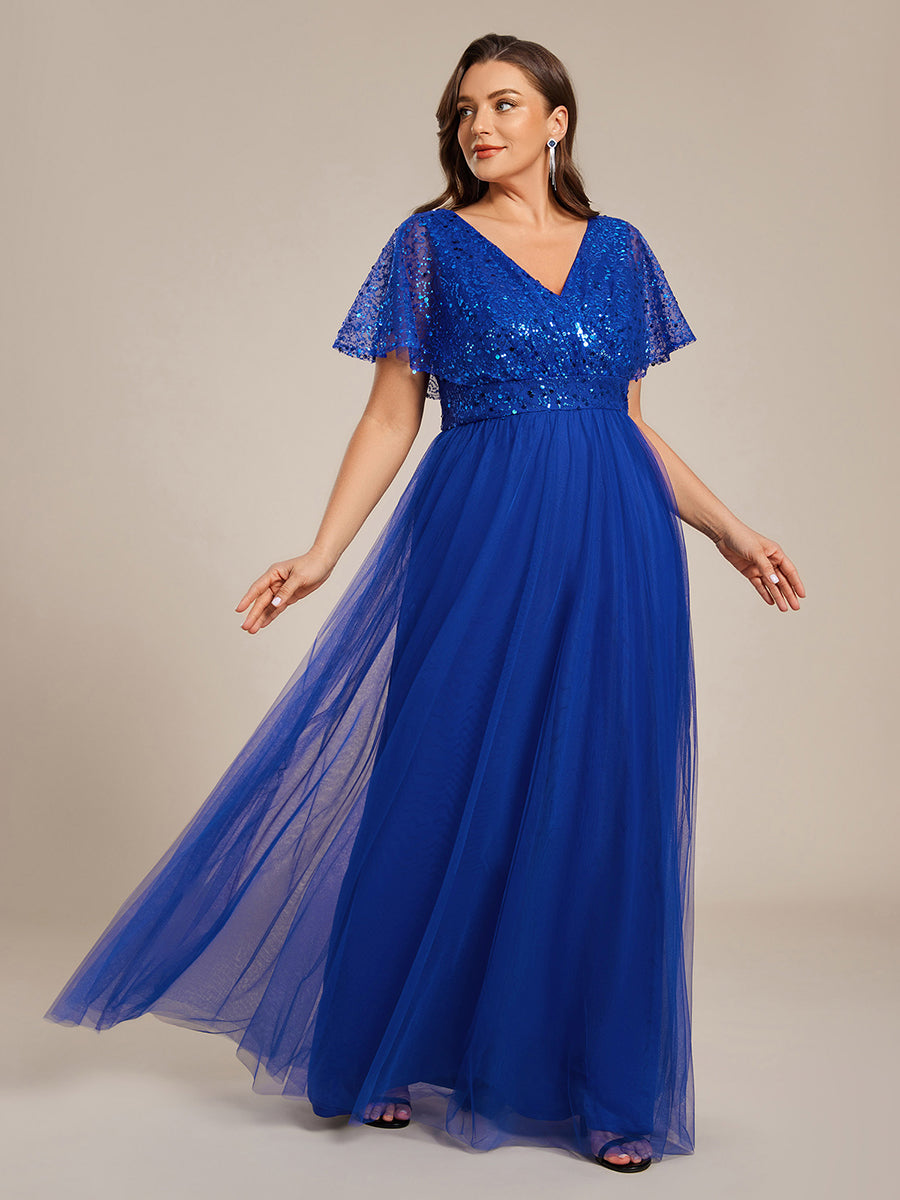 Robe de soirée formelle à paillettes manches courtes col en V grande taille #Couleur_Bleu Saphir