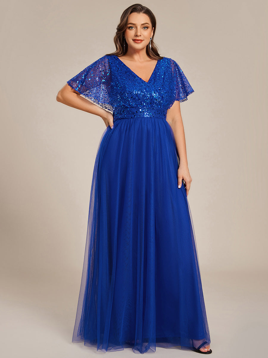 Robe de soirée formelle à paillettes manches courtes col en V grande taille #Couleur_Bleu Saphir