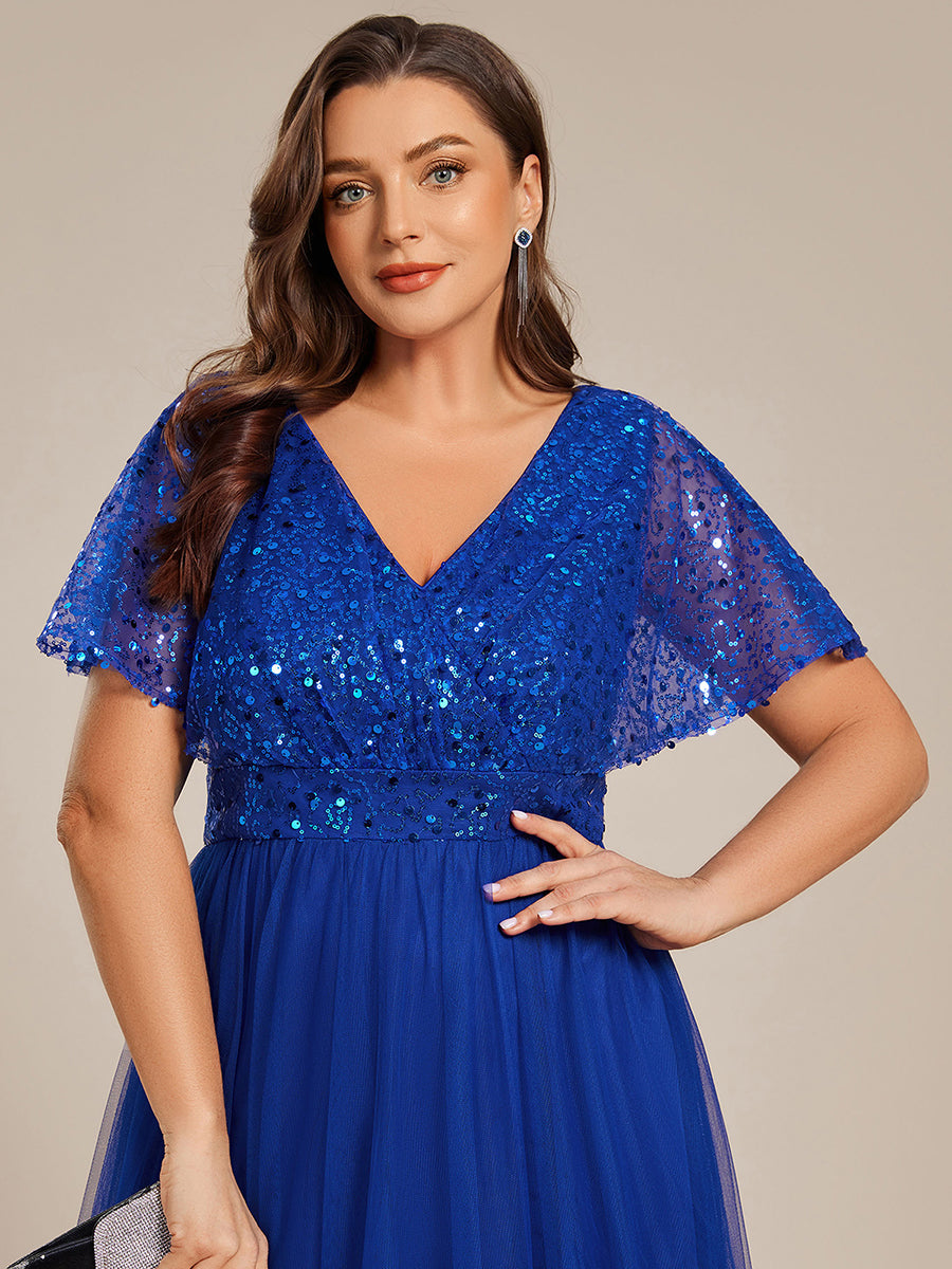 Robe de soirée formelle à paillettes manches courtes col en V grande taille #Couleur_Bleu Saphir