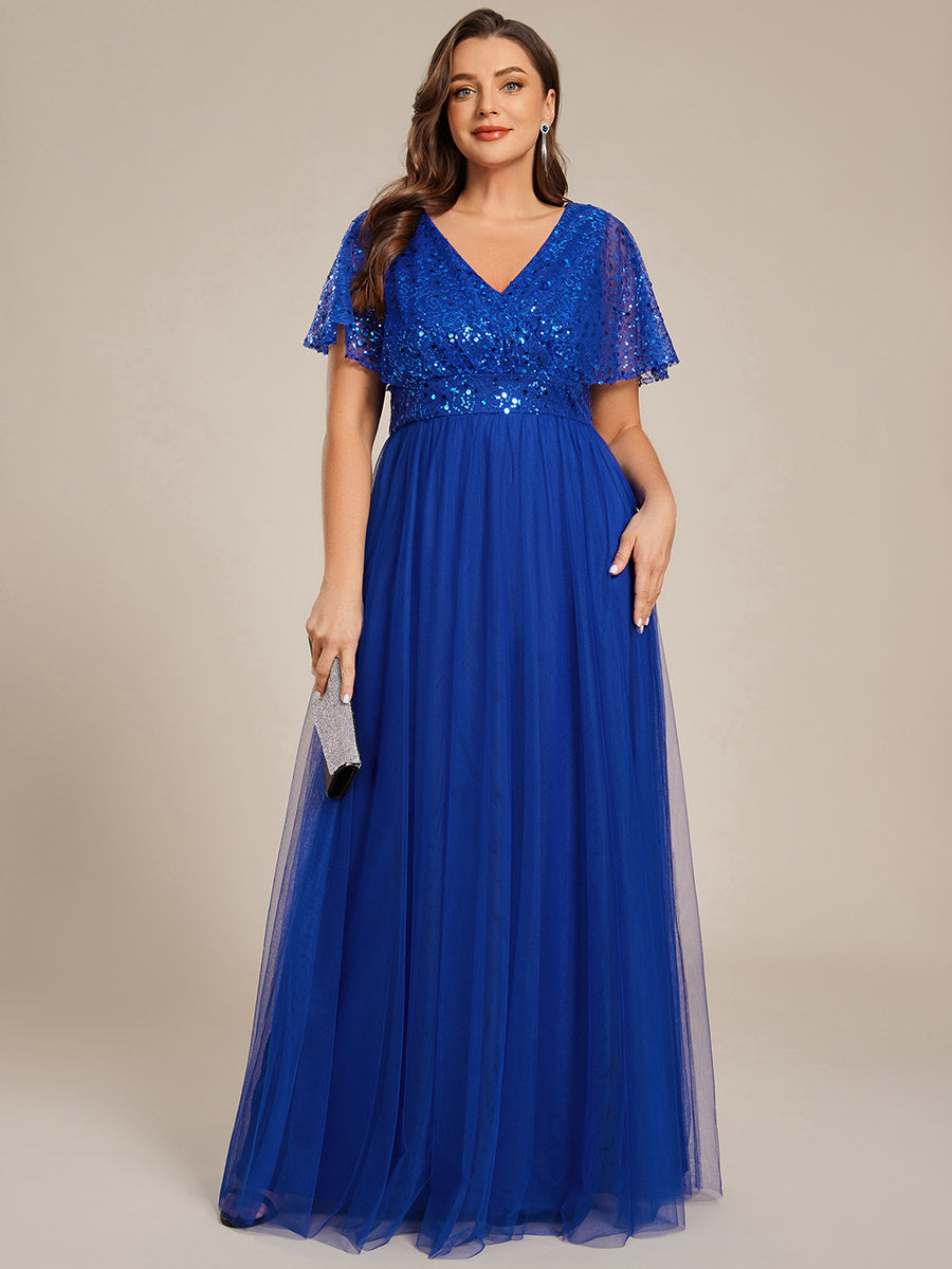 Robe de soirée formelle à paillettes manches courtes col en V grande taille #Couleur_Bleu Saphir