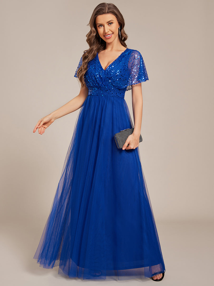 Robe de soirée formelle en tulle à sequins scintillants et col en V #Couleur_Bleu Saphir
