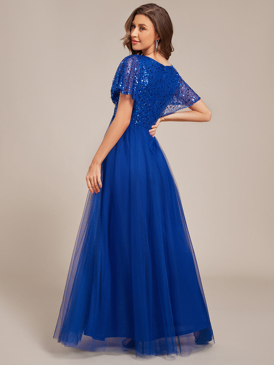Robe de soirée formelle en tulle à sequins scintillants et col en V #Couleur_Bleu Saphir