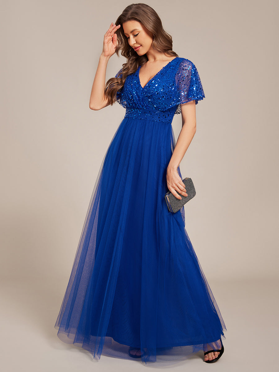 Robe de soirée formelle en tulle à sequins scintillants et col en V #Couleur_Bleu Saphir