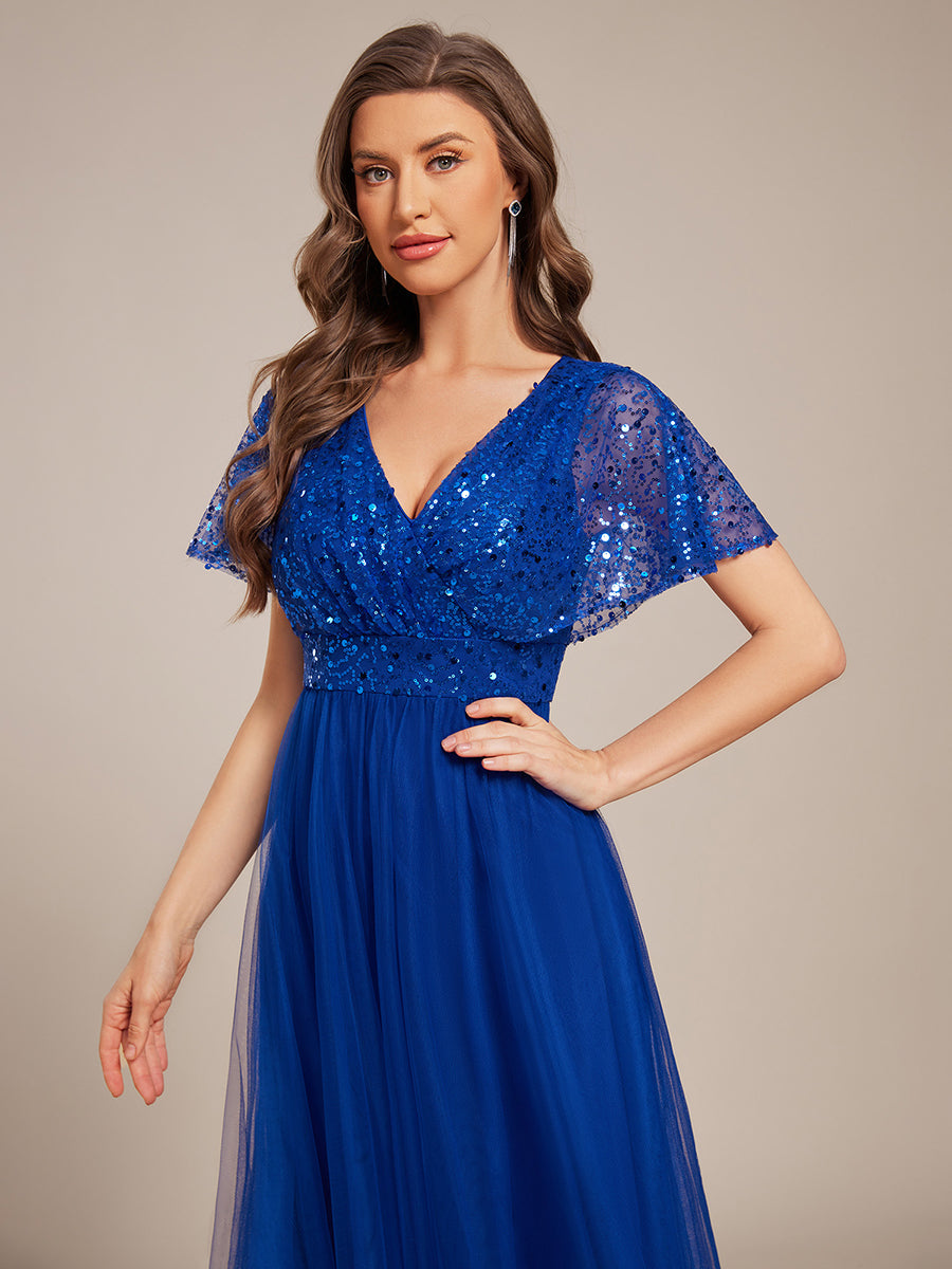 Robe de soirée formelle en tulle à sequins scintillants et col en V #Couleur_Bleu Saphir