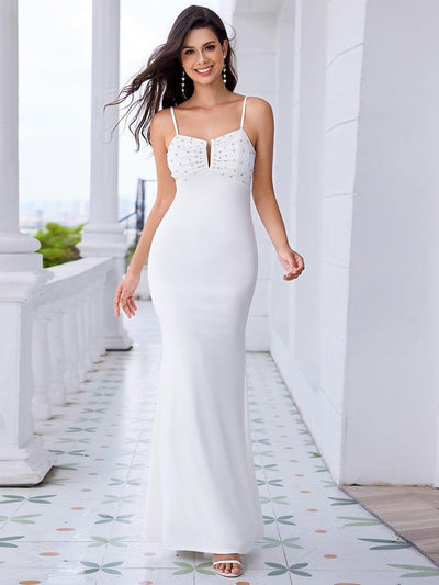 Robe de soirée élégante moulante à bretelles spaghetti et perles
