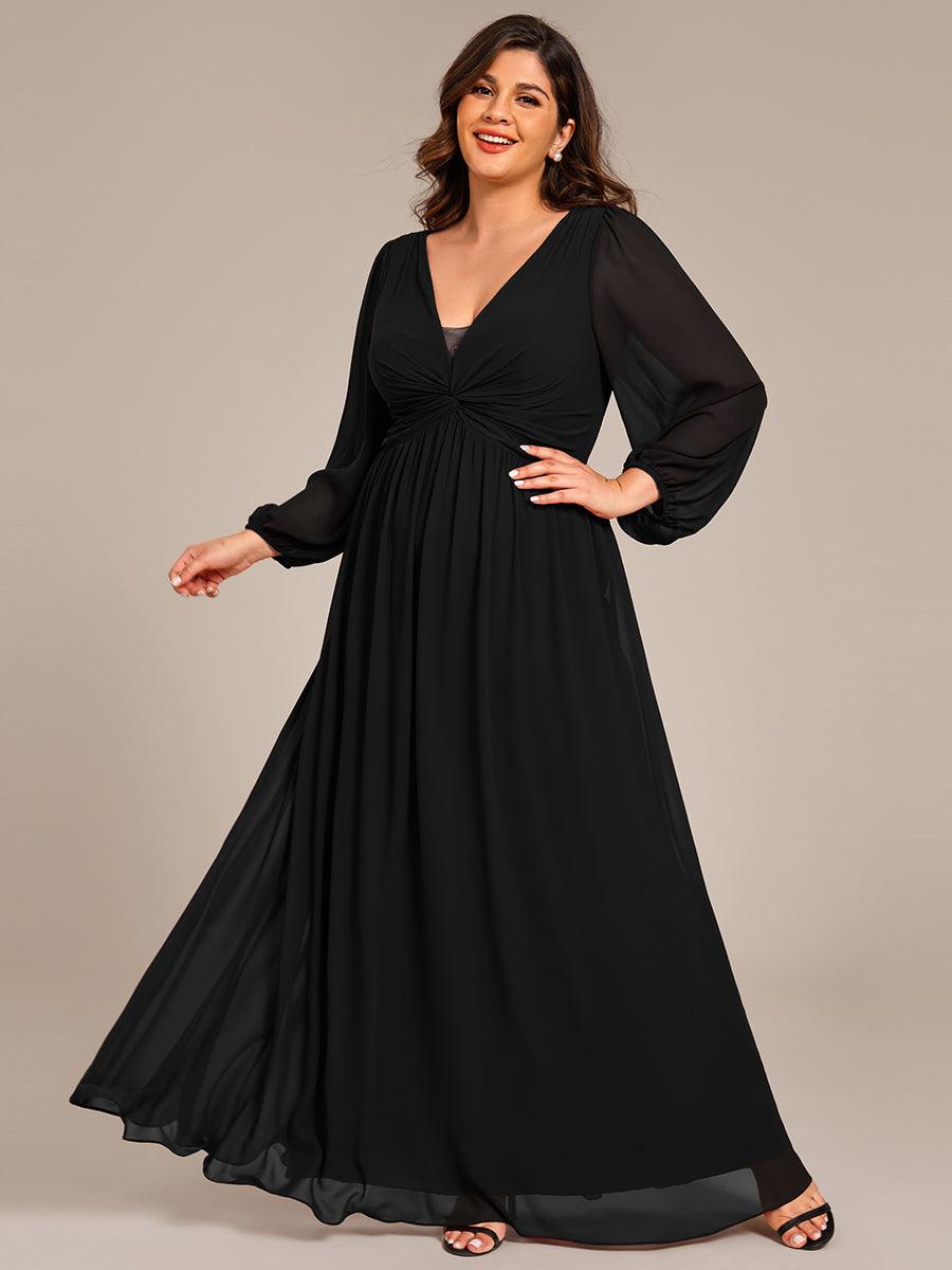 Robe de soirée formelle en mousseline de soie à manches longues et coupe trapèze grande taille #Couleur_Noir