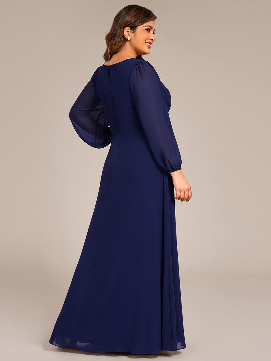 Robe de soirée formelle en mousseline de soie à manches longues et coupe trapèze grande taille #Couleur_Bleu Marine