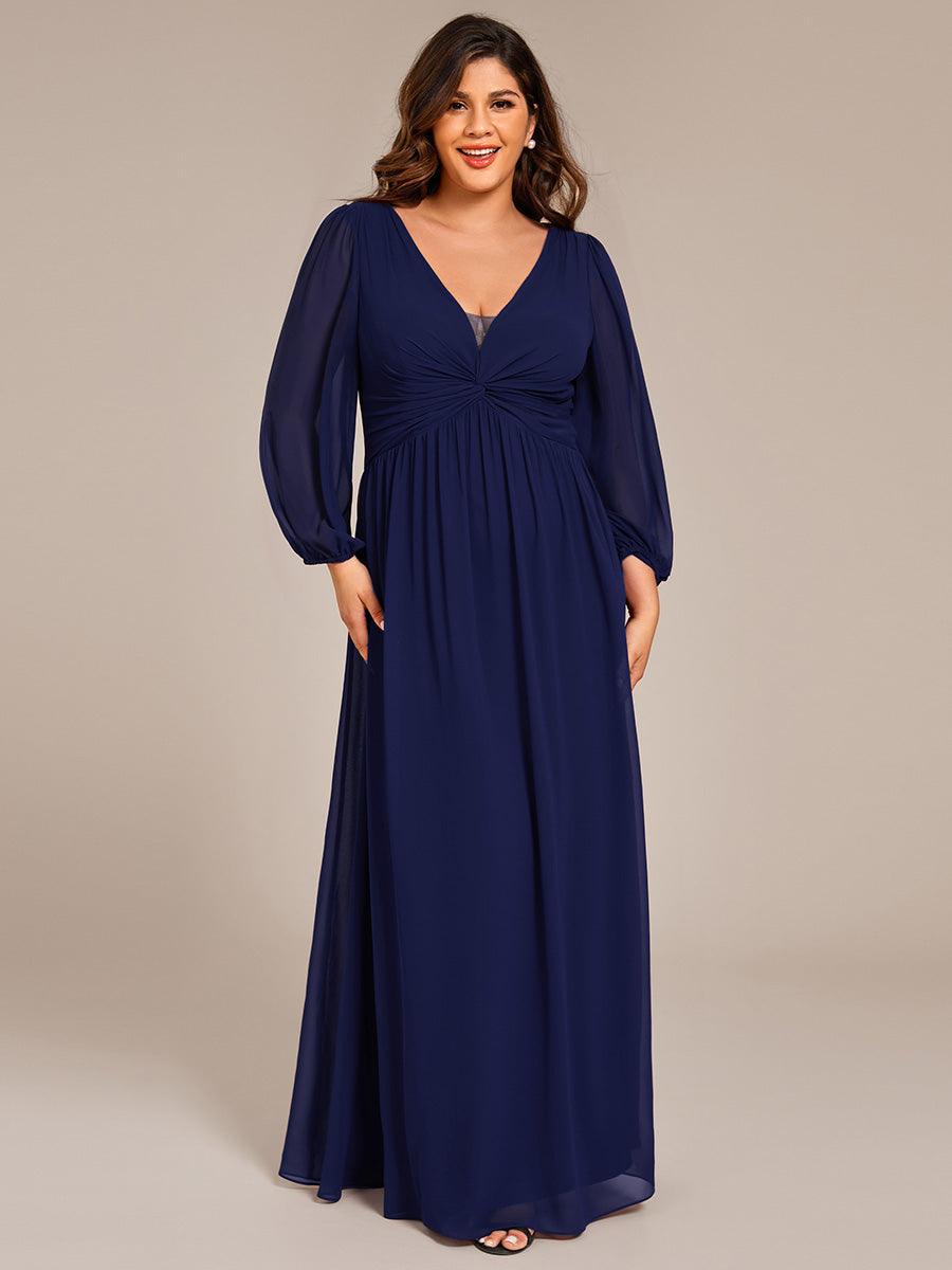 Robe de soirée formelle en mousseline de soie à manches longues et coupe trapèze grande taille #Couleur_Bleu Marine