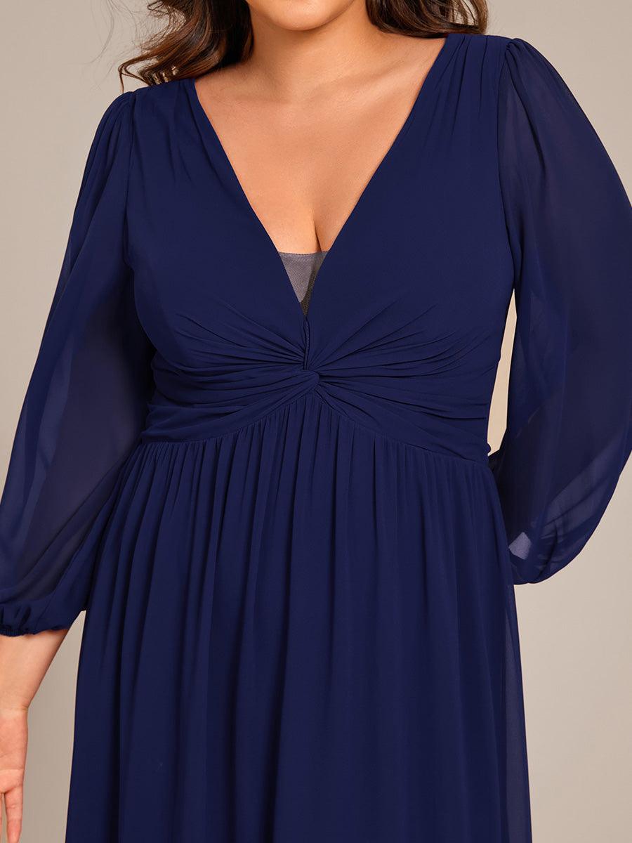 Robe de soirée formelle en mousseline de soie à manches longues et coupe trapèze grande taille #Couleur_Bleu Marine