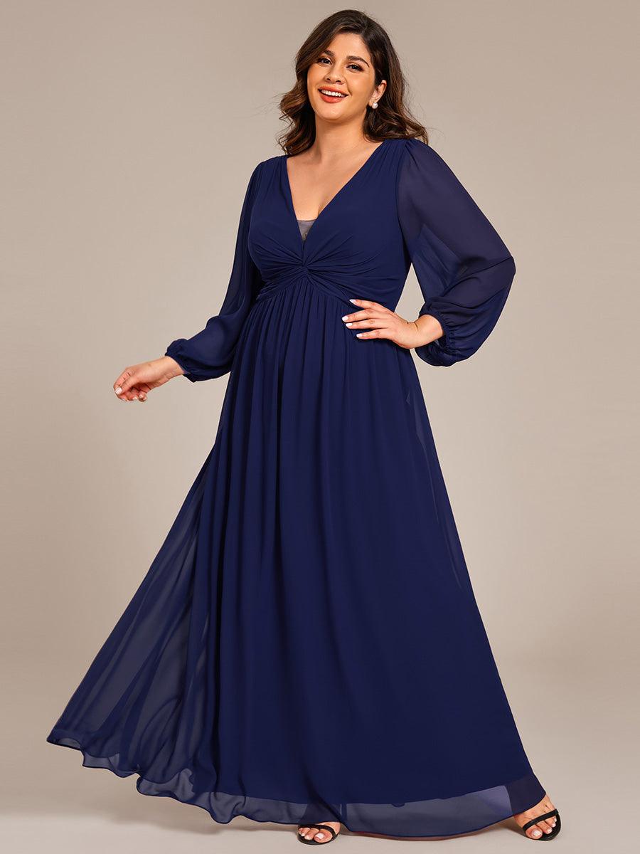 Robe de soirée formelle en mousseline de soie à manches longues et coupe trapèze grande taille #Couleur_Bleu Marine