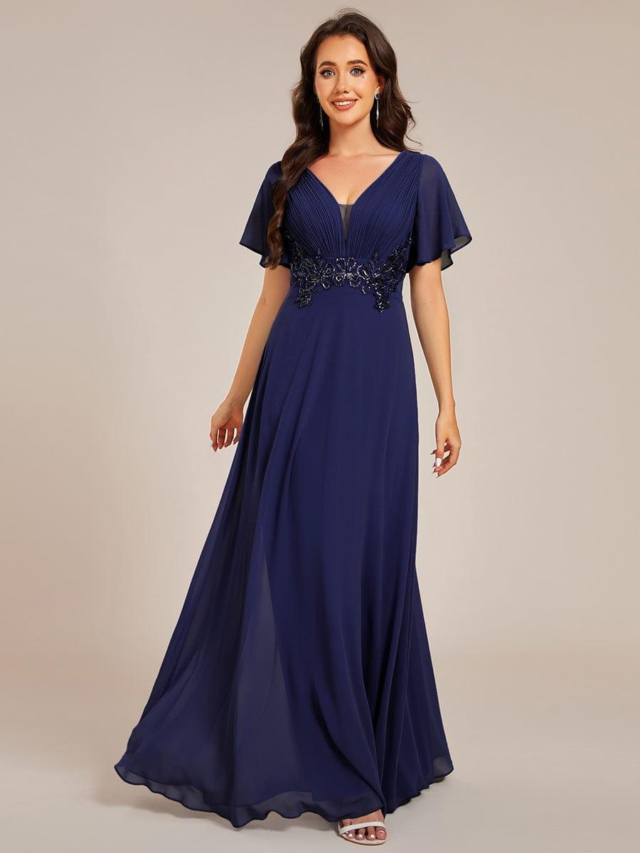 Robe de soir¨¦e longue ¨¤ col en V et appliques ¨¤ la taille grande taille #Couleur_Bleu Marine