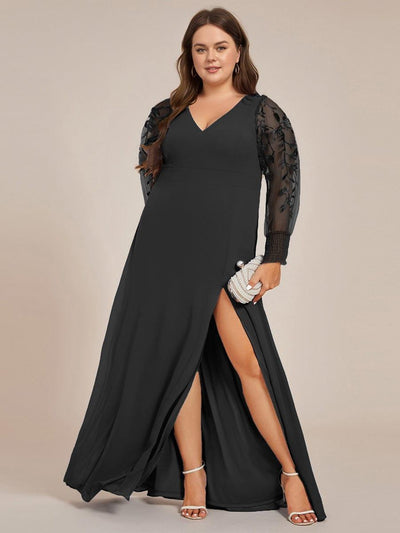 pretty RYLEE|Robe de soirée en mousseline de soie brodée à manches longues grande taille