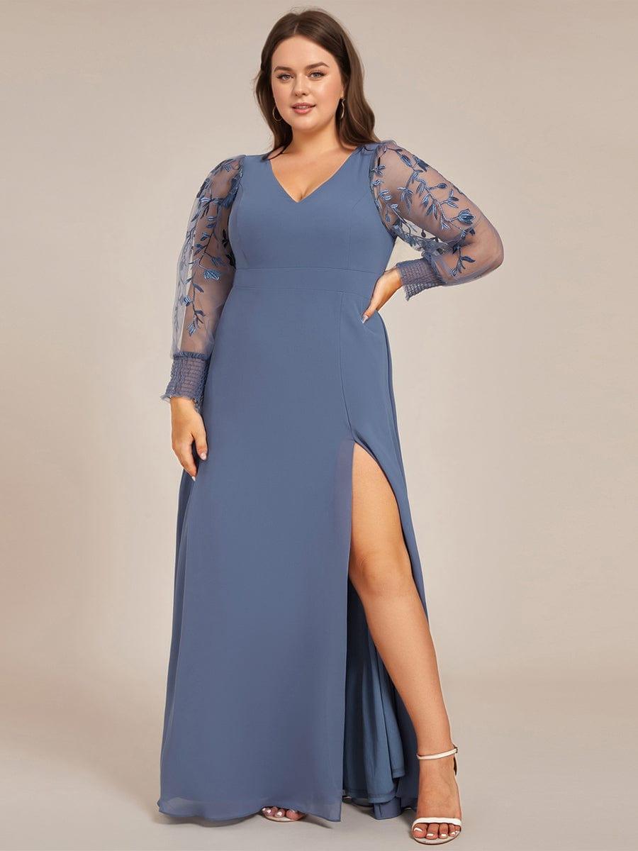 Robe de soirée en mousseline de soie brodée à manches longues grande taille #Couleur_Marine Fume